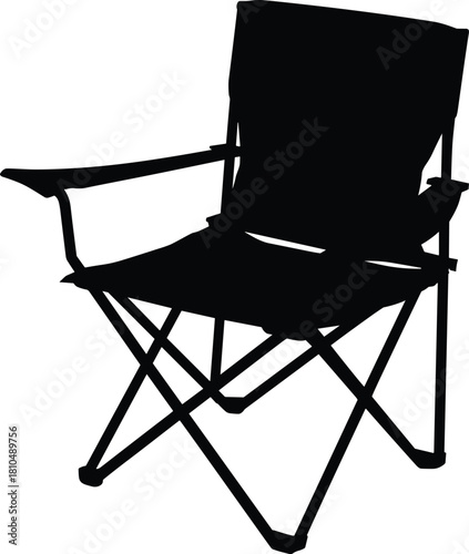 Silhouette of foldable camping chair with armrests, portable outdoor furniture for travel, picnic, fishing, hiking, camping, and leisure activity vector illustration
