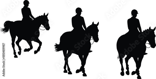 Silhouette of horse riders in motion, equestrian training and sport concept, horseback riding illustration, black and white vector art, countryside lifestyle design