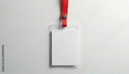Blank id badge lies on white surface. Empty name tag mockup with red lanyard isolated. Template for corporate design, business conference, personal identification, registration card event invitation
