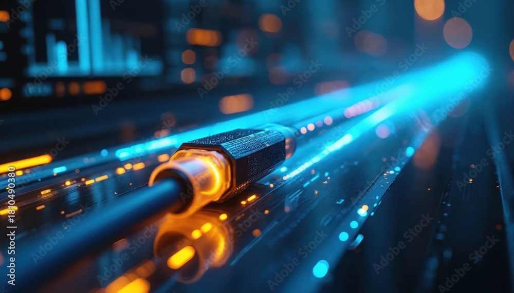 Fototapeta premium Blue light streaks through fiber optic cable in dark, symbolizing fast data transfer. Shows modern digital networks and high speed info communication.