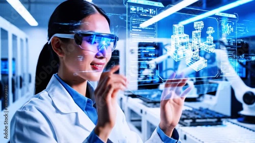 Scientist in lab interacts with a holographic interface, wearing futuristic glasses