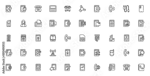 Phone icon set. Modern communication vector icons colection. Includes symbols or call, message, mail, cht, video call, mobile paymnt, 5g, signal, contact, spport and more. Editable sroke.