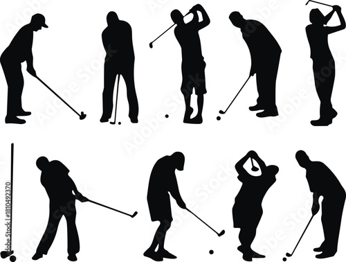 Collection of golfer silhouettes showing various swing positions, putting stances, and golf actions for sports design, vector illustration, artwork, graphics