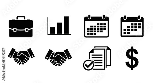 Business and Finance Icons - Briefcase, Graph, Calendar, Handshake, Documents, Dollar.