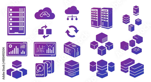 Data Center and Cloud Computing Icons in Purple Gradient.