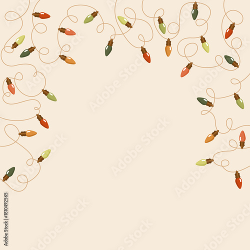 Bożonarodzeniowa ramka z kolorowych światełek. Lampki choinkowe. Świąteczna ilustracja wektorowa.	