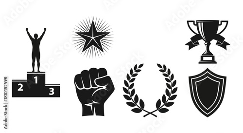 Silhouette Icons of Achievement, Victory, and Success Symbols.