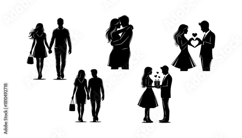 Silhouettes of Couples in Love - Romantic Moments and Affectionate Gestures.