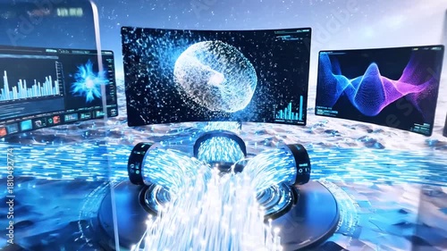 Futuristic digital artwork features screens with abstract visuals, flowing light, and binary code