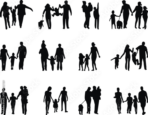 Collection of diverse family silhouettes walking together, parent and children figures, family bonding illustration set for design, vector black icons