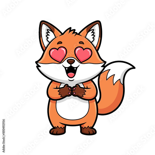 Cute cartoon fox with heart eyes on white background