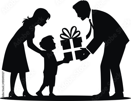 Silhouette of parents giving child a wrapped gift, family celebration moment, loving parenting, holiday present exchange, emotional family connection illustration