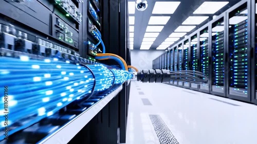 Data center with server racks and a digital stream. Bright blue data flow along a hall