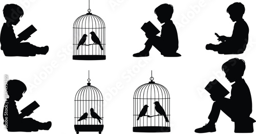 Silhouette of boy reading book with bird cages, education and imagination concept vector illustration, childhood learning, nature connection, creative art design