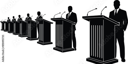 Silhouette of business leaders speaking at podiums during formal conference, teamwork and leadership concept illustration showing communication, success, debate, and corporate unity