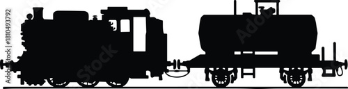 Vintage steam locomotive silhouette with attached tanker wagon, industrial railway transport illustration, classic train engine design for retro transportation themes
