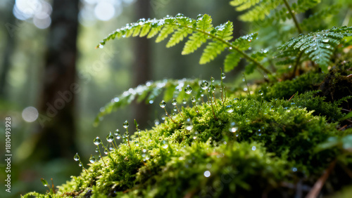 Glistening Green Moss in a Forest with Dew Drops