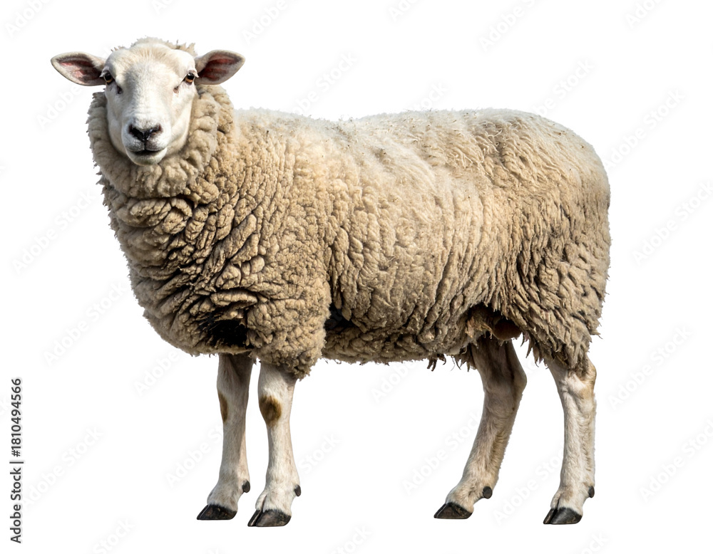 Obraz premium Untitled design - Woolly Sheep Standing in Full Side View, Calm Expression, Isolated on Transparent Background
