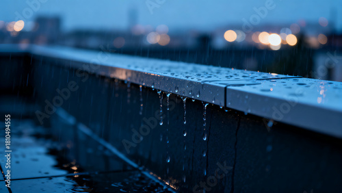 Raindrops dripping from a metal railing against a cityscape at dusk.