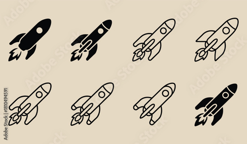 Fototapeta Naklejka Na Ścianę i Meble -  Vector Outline and Solid Rocket Ship Icons