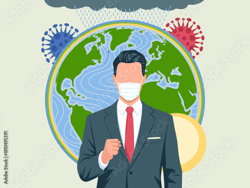 A powerful visual representation of a businessman in a suit against a world map backdrop, illustrating contemporary challenges such as health threats and global awareness.