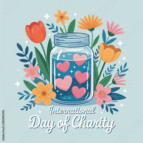 A colorful jar filled with hearts surrounded by flowers represents the spirit of giving and love on International Day of Charity, highlighting kindness and generosity.