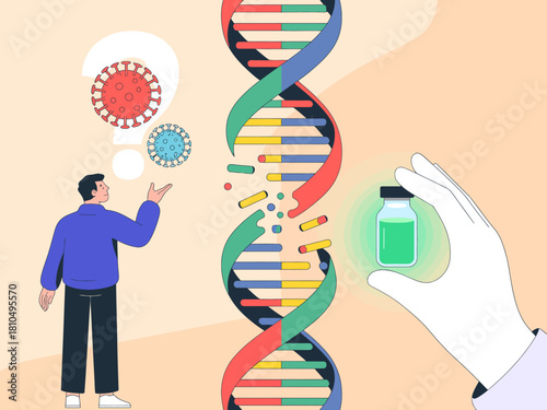 A thoughtful individual analyzing medical elements like DNA and viruses, demonstrating the intersection of science, health, and discovery in modern biomedical research and innovation.