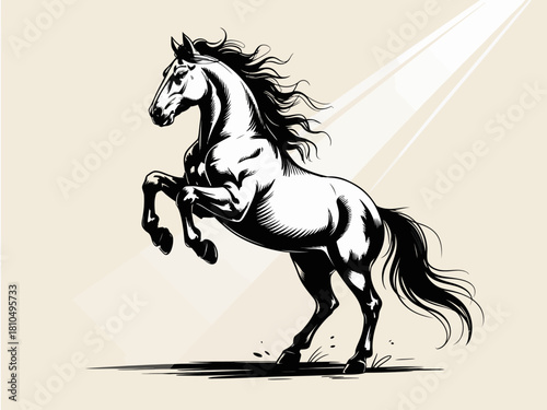 A stunning illustration of a rearing horse, capturing its majestic elegance and grace, making it a perfect piece for art lovers and equestrian enthusiasts alike.