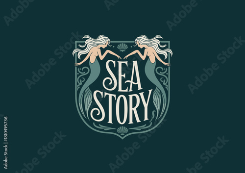 The image captures the enchanting essence of two mermaids gracefully reaching towards each other, symbolizing friendship and unity in a mythical sea design.