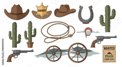 Comprehensive collection of vintage Wild West and cowboy elements, including hats, weapons, tools, and desert plants, for authentic design projects