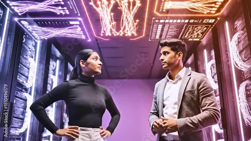 A man and woman interact with futuristic digital data displays within a server room