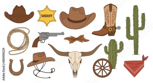 Authentic Wild West Collection Diverse Cowboy Hats, Boots, Sheriff Badge, Lasso, Cactus, and Traditional Western Gear Elements