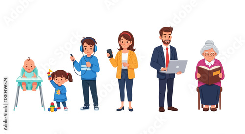 Vector illustrations of diverse generations, portraying human life stages from infancy to senior years, highlighting age-specific activities and growth