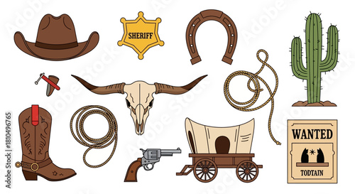 Collection of classic Wild West cowboy vector icons. A set of western design elements including hat, boot, gun, and skull isolated
