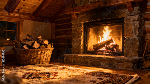 Cozy Log Cabin Fireplace with Warm Fire and Rustic Decor