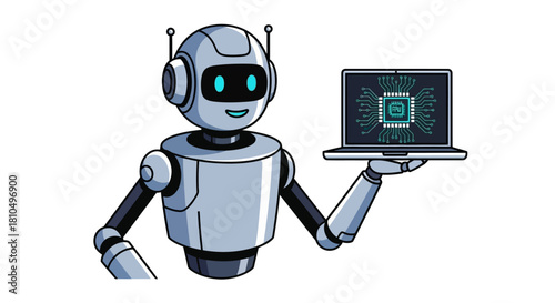 Robot Holding a Laptop with a Futuristic Digital Circuit Design on Screen