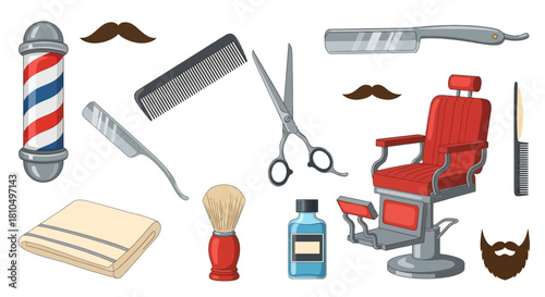 Vector illustration set of classic barber shop tools and salon equipment for men's grooming, haircut, and shaving whiskers