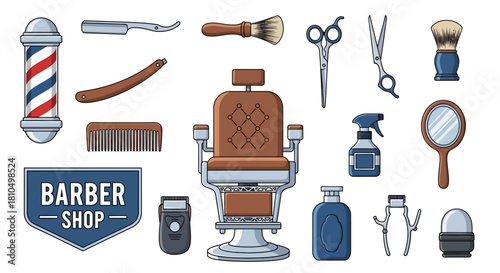 Barber Shop Equipment Collection with Vintage Styling Chair and Tools