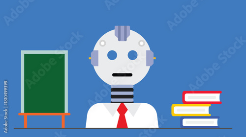Friendly AI robot teacher illustration showing futuristic education concept. Modern flat vector design for technology, artificial intelligence, innovation, digital learning, and smart automation.