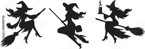Halloween witch silhouette set featuring flying witches on broomsticks, magical fantasy characters, spooky decorative design elements for seasonal artwork, celebrations
