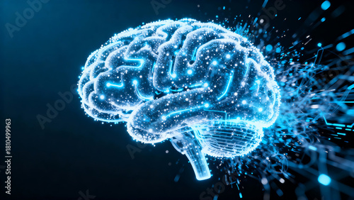 Neural Network Brain with Glowing Blue Circuitry and Sparkles