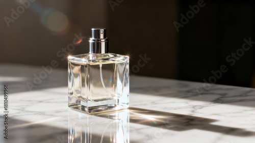 Elegant perfume bottle on marble table with sunlight reflections