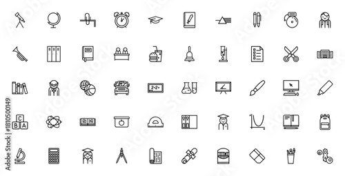 Back to School icon set. Vector illustration. Includs symbols for telescope, gobe, clock, book, pencil, chool bus, teacher, backpak, calculator and more.