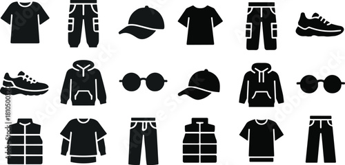 Collection of stylish clothing icons including shirts, pants, hoodies, shoes, caps, sunglasses, and vests, representing modern fashion apparel elements