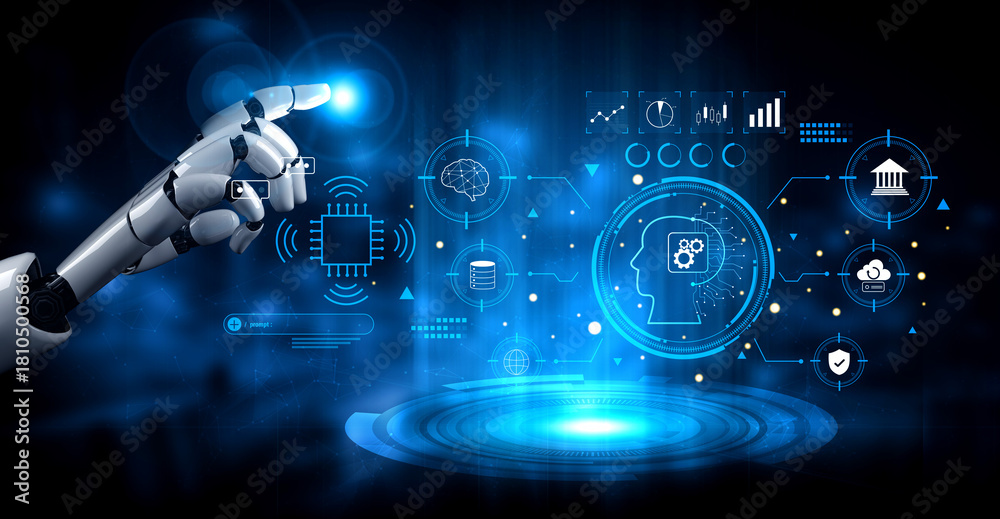 Obraz premium A futuristic command interface for an advanced AI system. This AI is used for high level business and financial data analysis. Motif