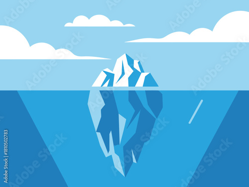 A minimalist illustration of an iceberg partially submerged in blue water, capturing the essence of nature's beauty and the importance of environmental awareness.