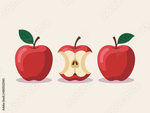 This image presents three red apples, including one cut in half to reveal its core, symbolizing health and freshness in a simple yet appealing manner.