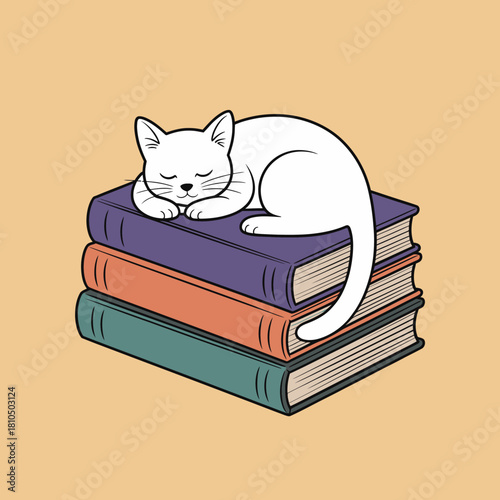 This adorable image features a white cat peacefully sleeping atop a stack of colorful books, representing comfort, knowledge, and the love for reading in a serene atmosphere.
