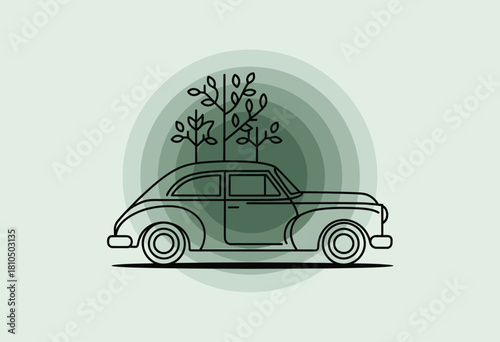 This image showcases a vintage car adorned with trees symbolizing harmony between nature and modern technology, blending automotive design with environmental awareness beautifully.