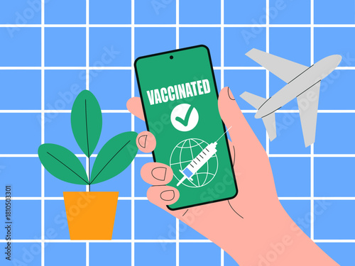A smartphone displaying a vaccination certificate, paired with travel elements, representing a new era of travel safety and health awareness in the post-pandemic world.